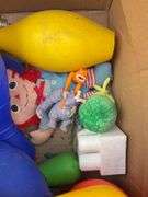 (4) racquets, baseball glove, toy bowling pin and game set