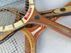 (4) racquets, baseball glove, toy bowling pin and game set