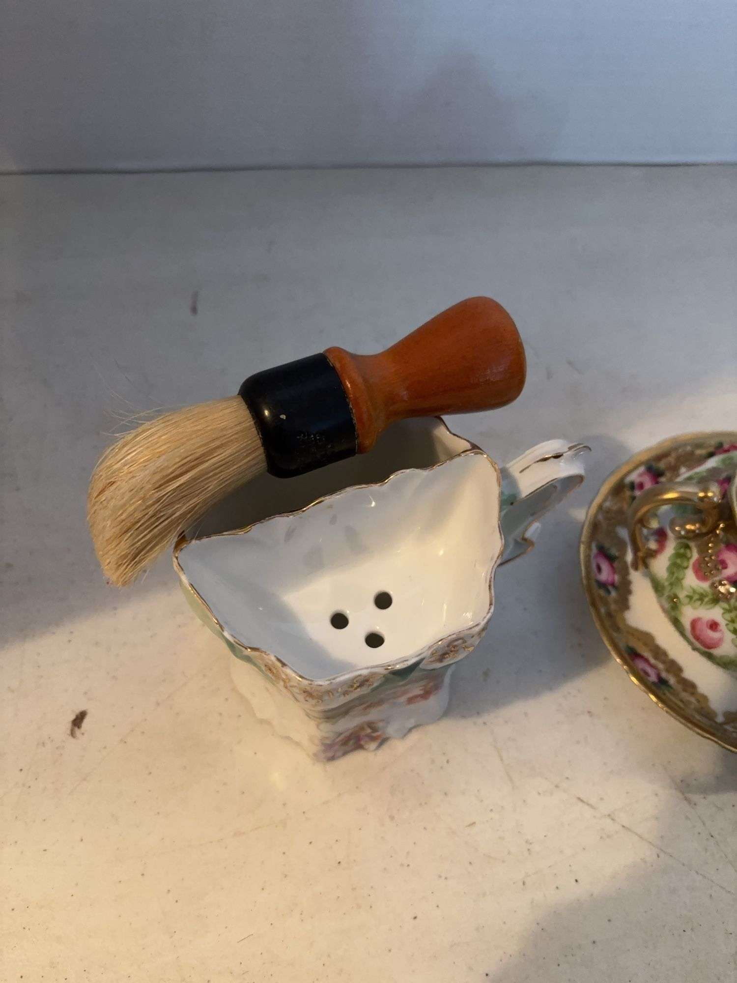 ANTIQUE SHAVING MUG WITH BRUSH AND SUGER POT