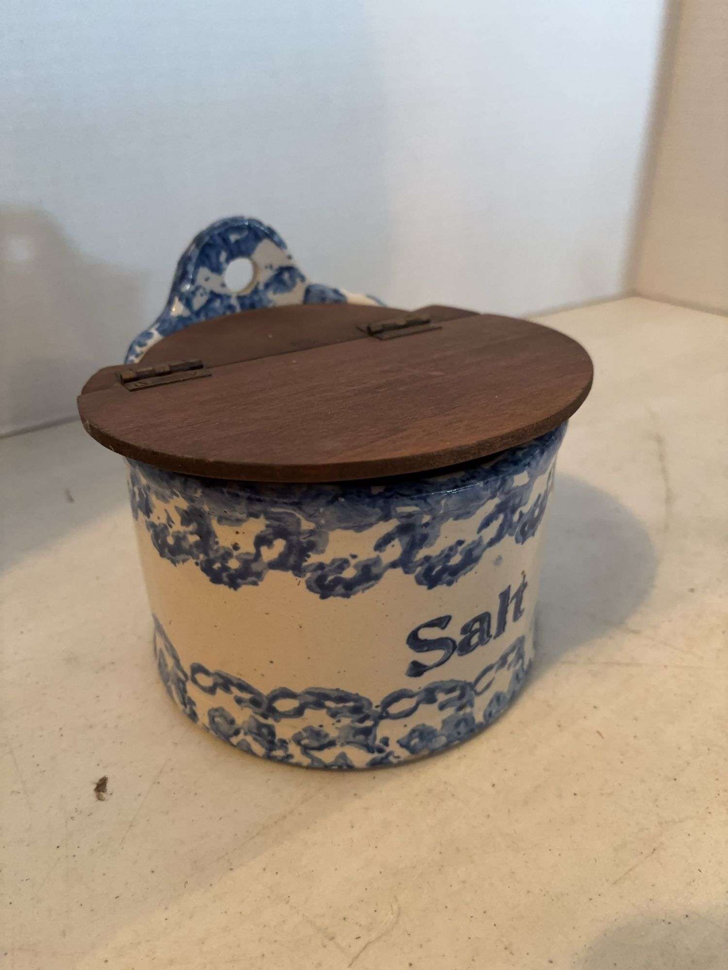 BLUE AND WHITE STONEWARE SALT CONTAINER WITH WOODEN LID 6”