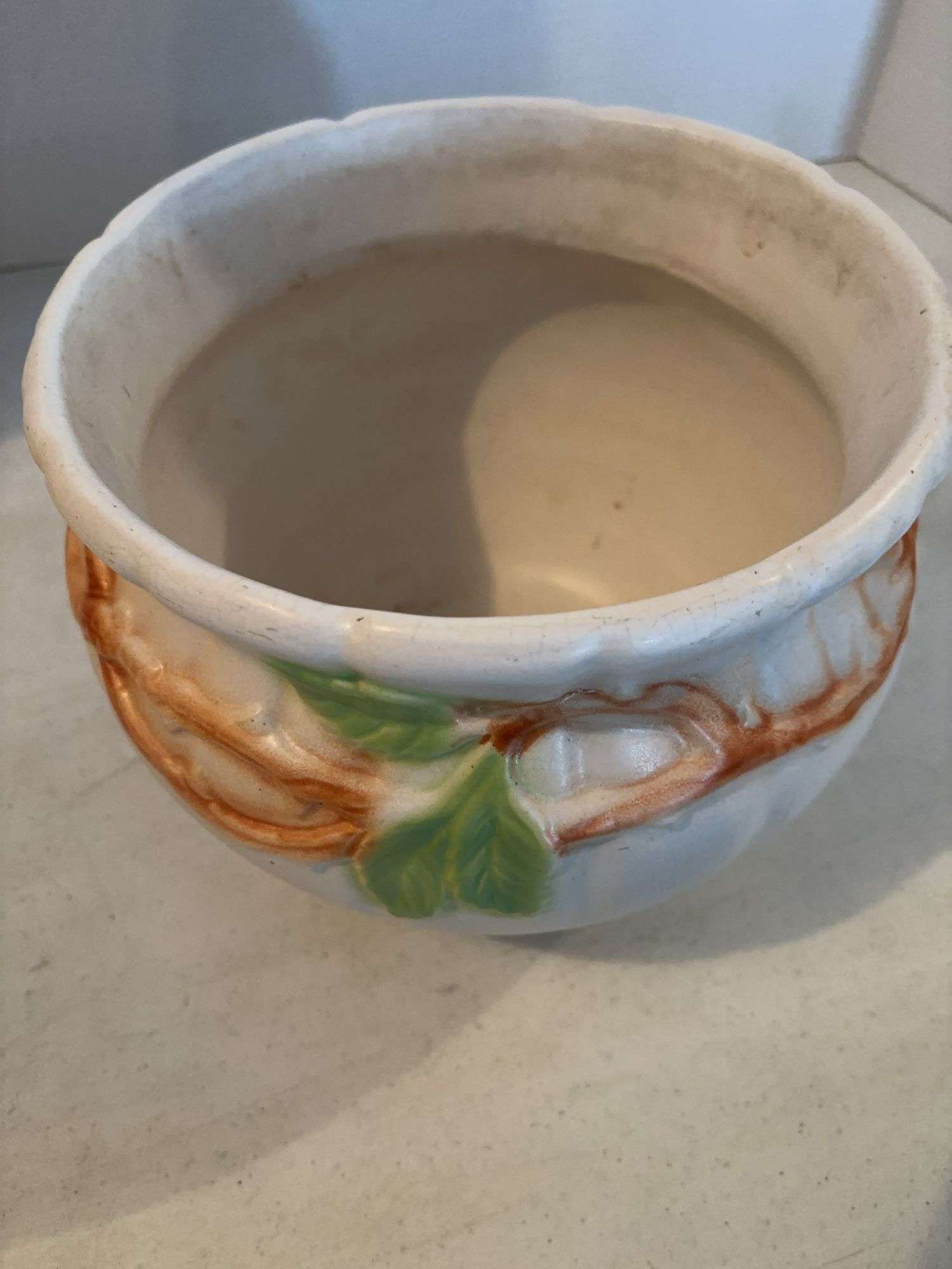 8” ROSEVILLE POTTERY JARDINIERE WITH BLUE FLOWERS