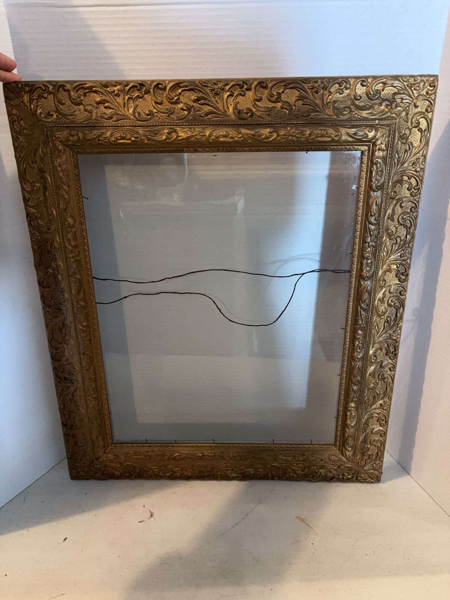 FANCY ANTIQUE PICTURE FRAME WITH GLASS 27” x 23”