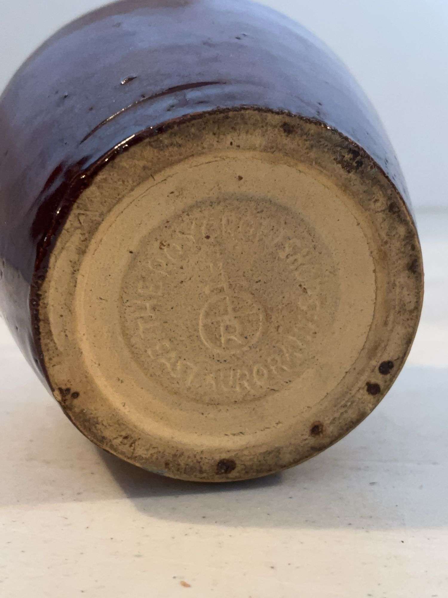 ROYCROFT POTTERY MINI JUG NEW YORK BROWN GLAZED 5”