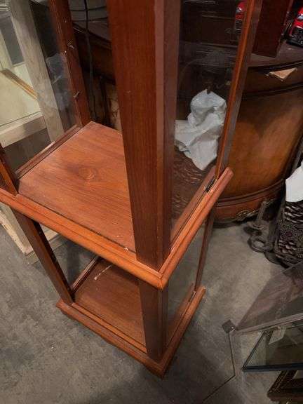 LIGHT UP OPEN CURIO OAK CABINET 71”t x 19”w x 14”d
