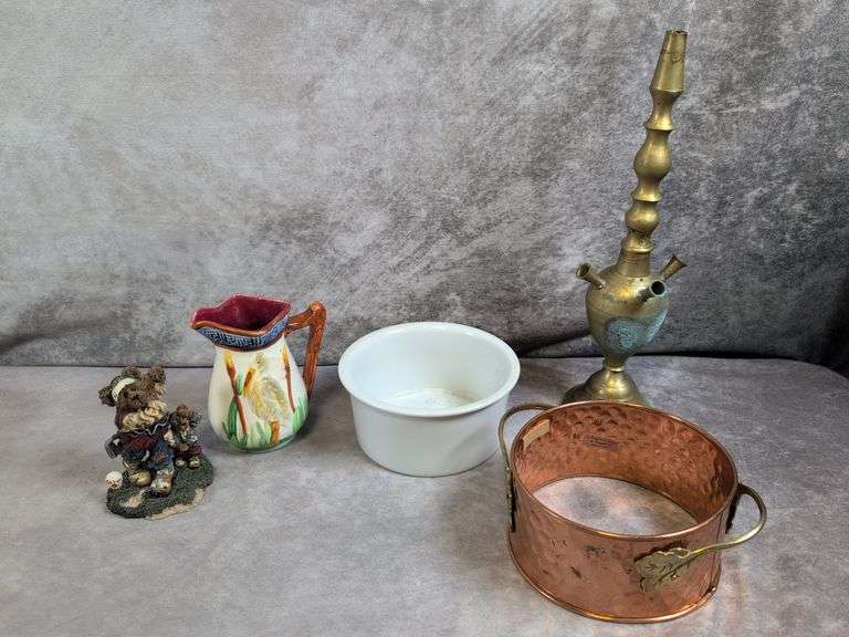 Boyds bear figurine, Brass candleholder, Staffordshire hand painted pitcher and more
