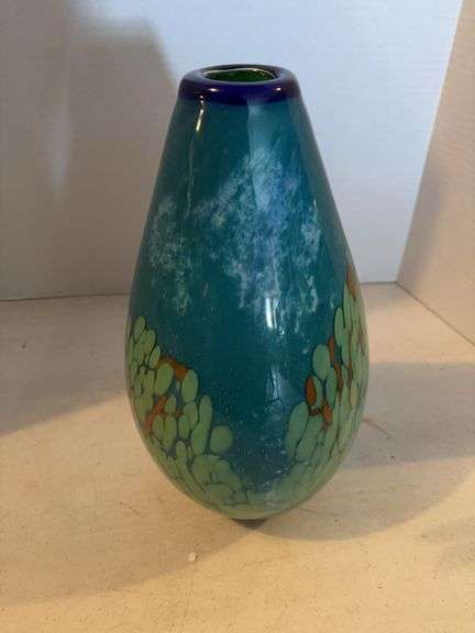 MURANO TEAL AND GREEN GLASS VASE 13”
