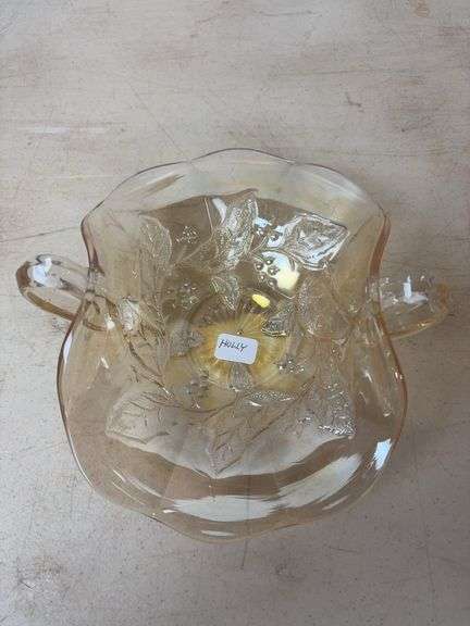 Millersburg Glass Holly 2 handle dish light - marigold