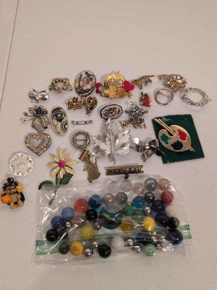 Vintage pins, marbles, and brooches - see photos