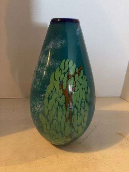 MURANO TEAL AND GREEN GLASS VASE 13”