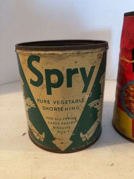 BUG MAC PORK AND BEAN CAN 7” AND SPRY VEGETABLE SHORTENING TIN 6”