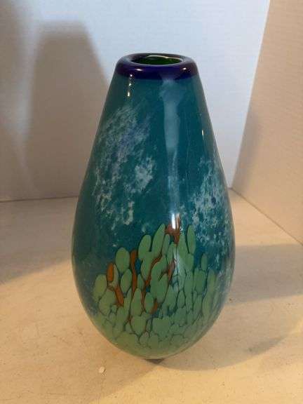 MURANO TEAL AND GREEN GLASS VASE 13”