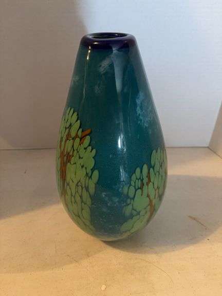 MURANO TEAL AND GREEN GLASS VASE 13”