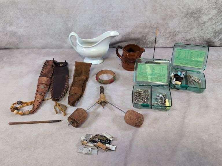 Leather knife sheathes, gravy boat, thimbles, and more