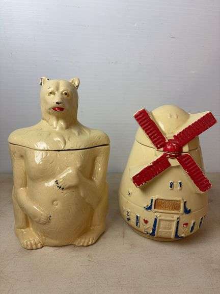 (2) Fredericksburg Pottery cookie jars - bear and windmill