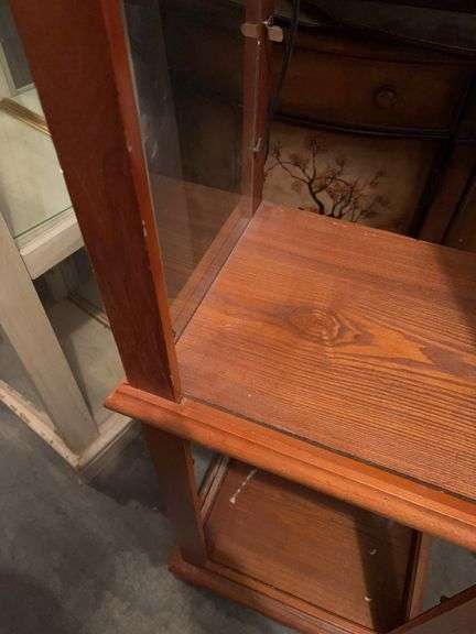 LIGHT UP OPEN CURIO OAK CABINET 71”t x 19”w x 14”d