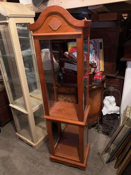 LIGHT UP OPEN CURIO OAK CABINET 71”t x 19”w x 14”d