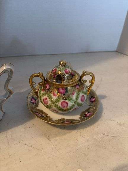 ANTIQUE SHAVING MUG WITH BRUSH AND SUGER POT