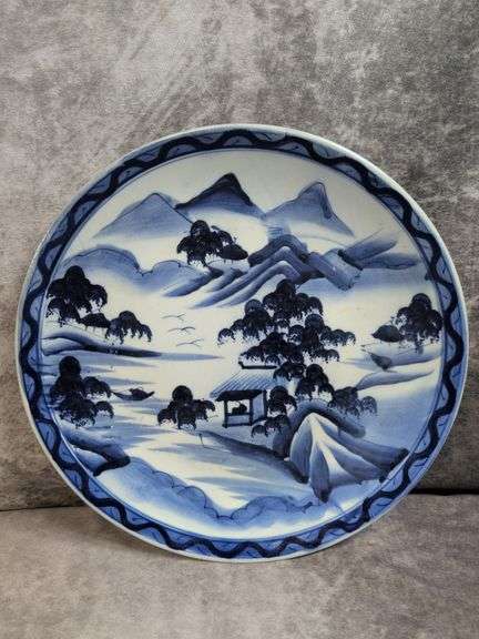 Antique Japanese Imari Plate  - Old blue and white landscape plate -13” diameter