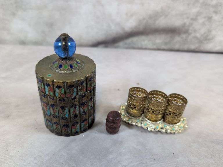 Antique Chinese enamelled brass lidded box and vintage filigree lipstick holder