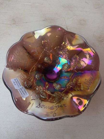 Millersburg Glass strawberry compote amethyst souvenir of Albany, New York 1910