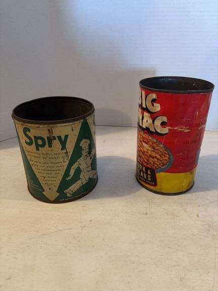 BUG MAC PORK AND BEAN CAN 7” AND SPRY VEGETABLE SHORTENING TIN 6”