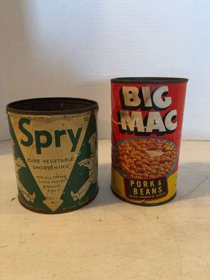 BUG MAC PORK AND BEAN CAN 7” AND SPRY VEGETABLE SHORTENING TIN 6”
