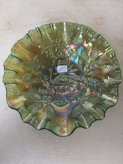 Millersburg Glass Peacock shotgun - green bowl
