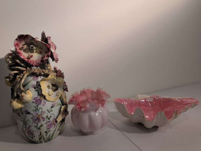 (3) decorative glass pieces - vase, unique bowl, and peach crest vase - possibly Fenton