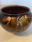 WELLER POTTERY BROWN GLAZE WITH LEAF 10” x 9”