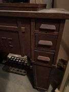 ANTIQUE WHITE ROTARY SEWING MACHINE WITH CABINET AND DRAWERS