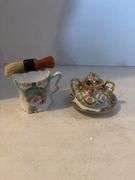 ANTIQUE SHAVING MUG WITH BRUSH AND SUGER POT