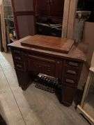 ANTIQUE WHITE ROTARY SEWING MACHINE WITH CABINET AND DRAWERS