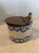 BLUE AND WHITE STONEWARE SALT CONTAINER WITH WOODEN LID 6”