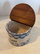BLUE AND WHITE STONEWARE SALT CONTAINER WITH WOODEN LID 6”