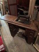 ANTIQUE WHITE ROTARY SEWING MACHINE WITH CABINET AND DRAWERS
