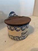 BLUE AND WHITE STONEWARE SALT CONTAINER WITH WOODEN LID 6”