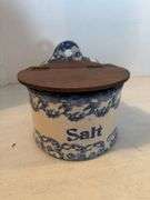 BLUE AND WHITE STONEWARE SALT CONTAINER WITH WOODEN LID 6”