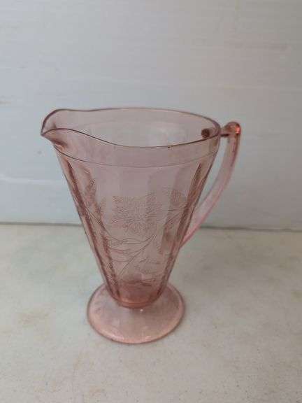 pink Depression 7 1/2" water pitcher with Poinsettia design