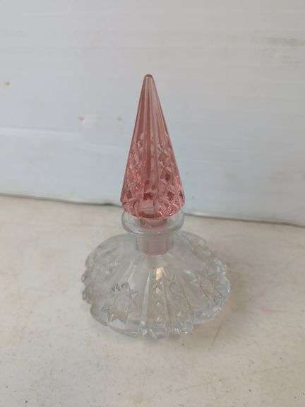 Victorian glass perfume decanter green w/glass dabber clear/pink star motif cut glass zipper pattern