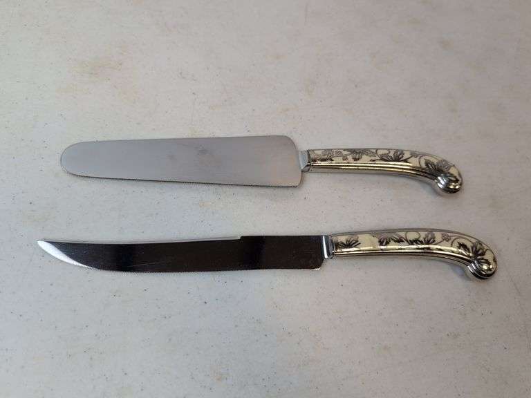 Chase stainless Sheffield England cake knife & butter knife with inlaid design