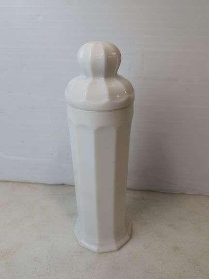 early milkglass candy counter top straw holder approx 12 1/2" tall