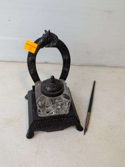 PS & W Co. Eastlakecast inkwell pat'd date Dec 11 1877 horse head & horseshoe pen holder