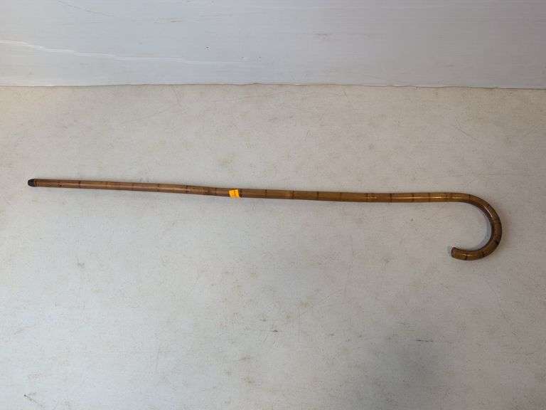 early oak leather wrapped walking stick nickel top insert apprx 33"