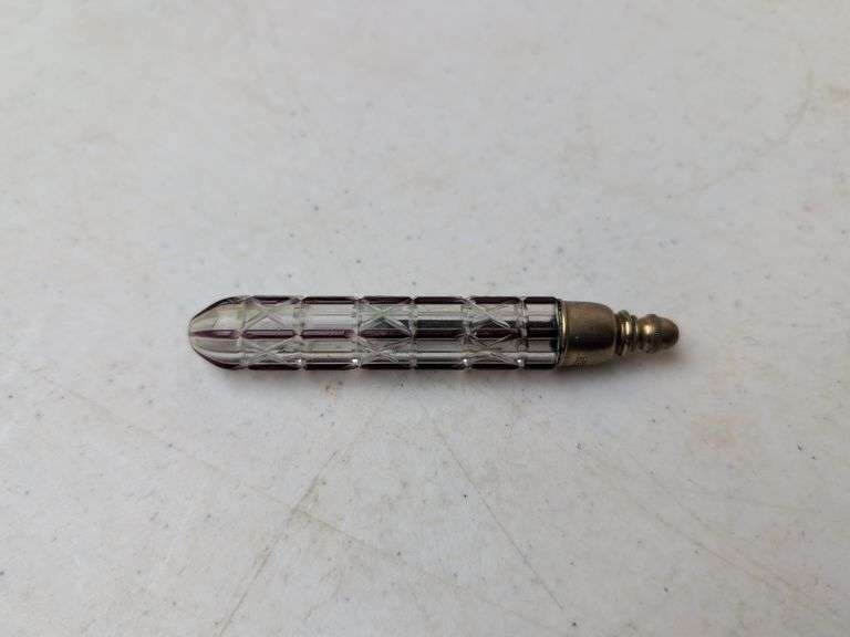 cut glass perfume bottle w/dapper marked Czechoslovakia clear/brown