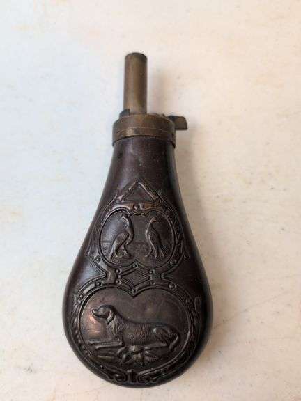 ornate brass black powder brass loader ornate carved dog and birds  6 1/2" l x 3" w