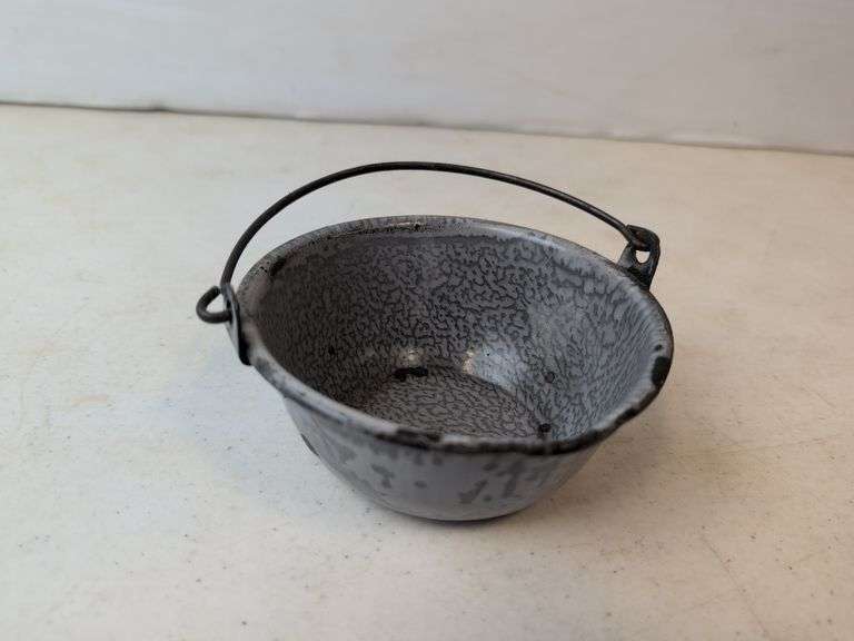 grey enamel small pan with handle 2"h x 4 1/2" w