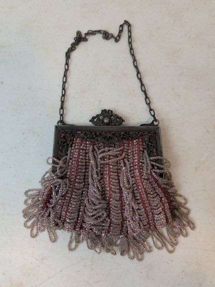 silver nickel pink/clear beaded purse with floral clasp
