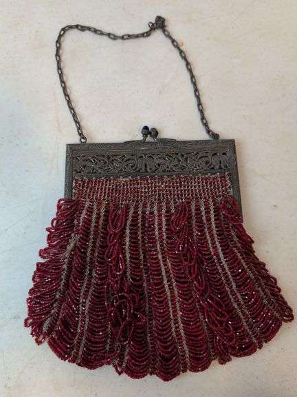 beautiful red beaded purse w/blue glass closure & ornate frame top
