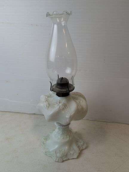 early white milkglass flower motif oil lamp marked Waterbury Conn. With Eagle burner