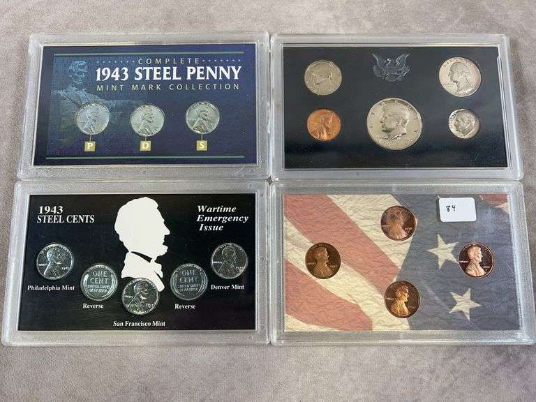 (2) 1943 Steel Cents, (2) assorted coin sets